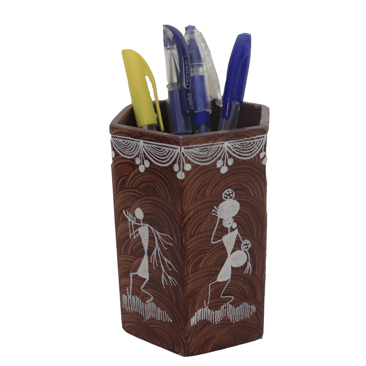 Wooden Pen Stand Warli Painted Hexagonal