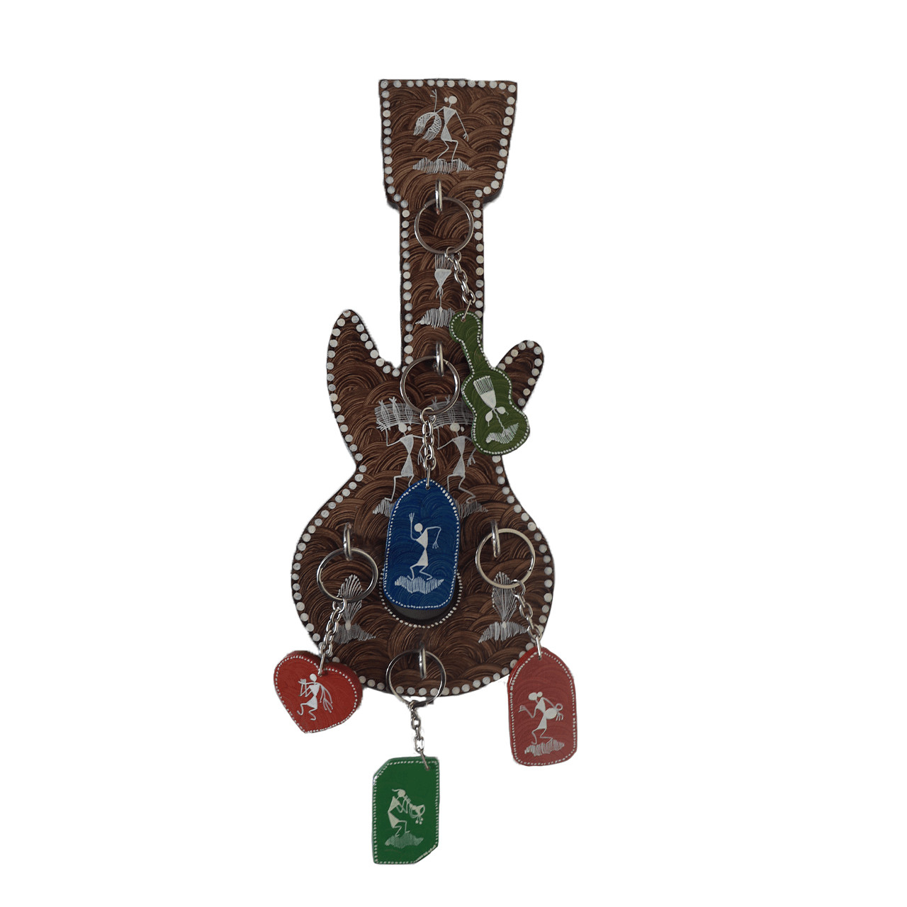 Wooden Key Holder Warli Painted Guitar Shaped